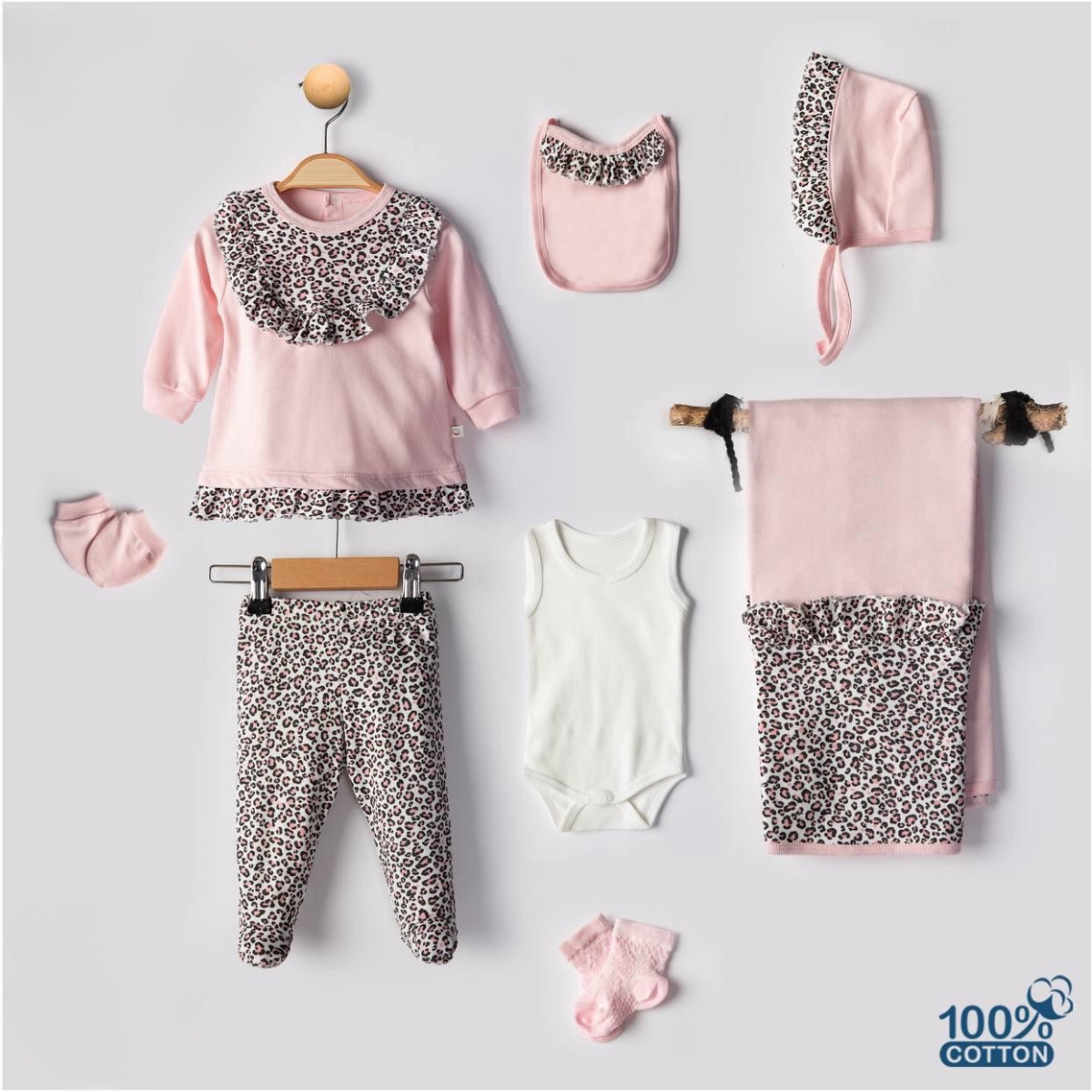 Set 7pz bimba Completo con Dettagli Leopardati 100% cotone 0-3 mesi