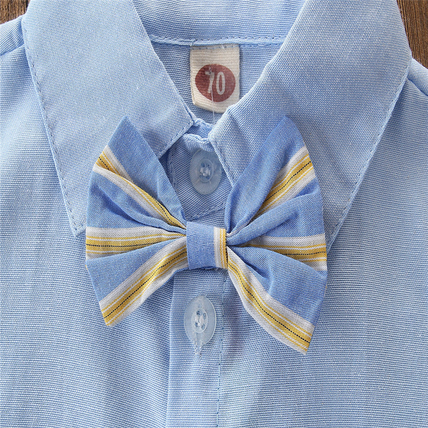 Completo Estivo Bambino 3 Pezzi Camicia Azzurra, Shorts Bianchi e Bretelle