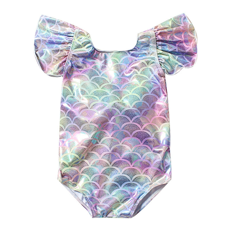 Costume Intero Bambina "Mini Sirena" Fantasia Olografica con Fiocco Rosa