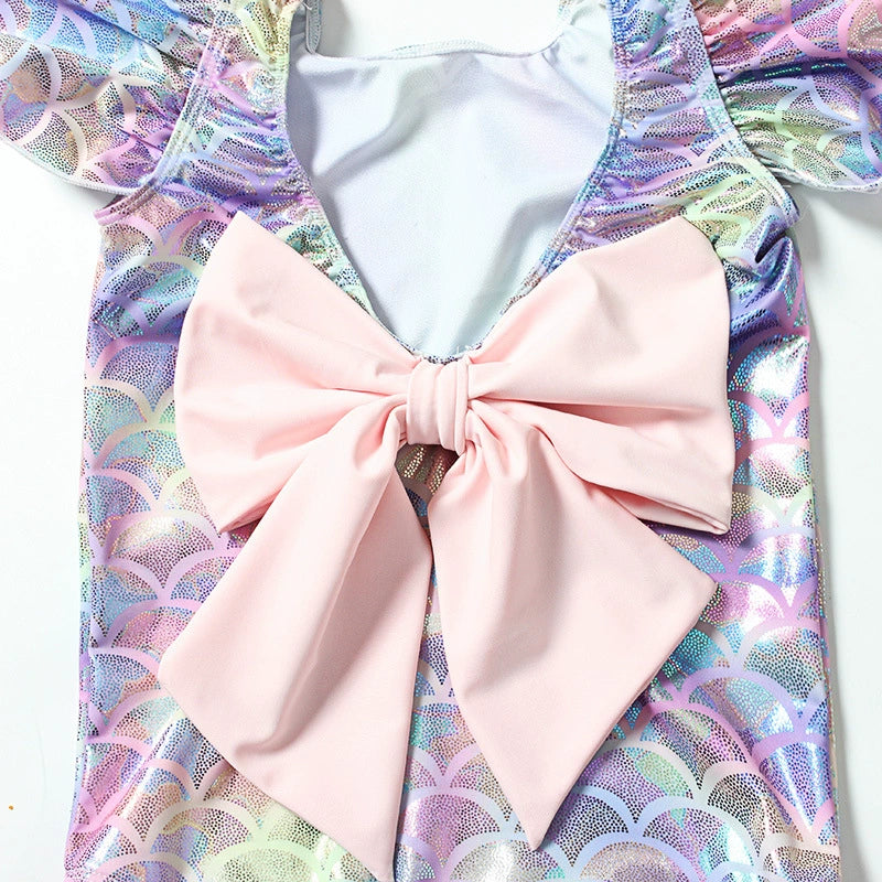 Costume Intero Bambina "Mini Sirena" Fantasia Olografica con Fiocco Rosa