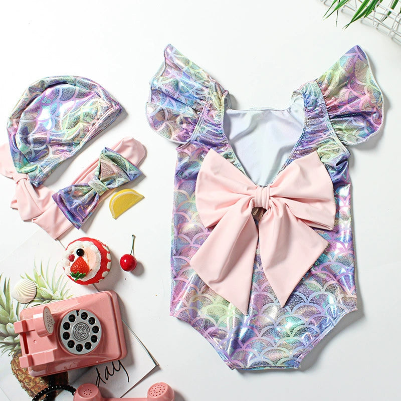 Costume Intero Bambina "Mini Sirena" Fantasia Olografica con Fiocco Rosa