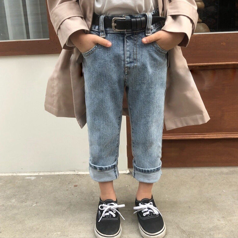 Jeans Bambino Stile Vintage Denim Chiaro con Risvolto