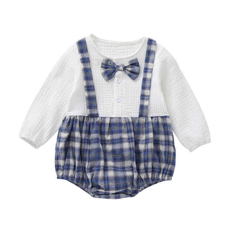 Pagliaccetto Neonato Elegante con Bretelle e Papillon Bianco e Blu Scozzese
