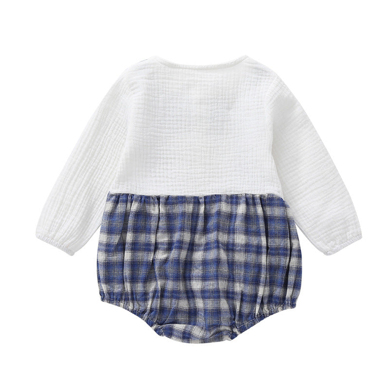 Pagliaccetto Neonato Elegante con Bretelle e Papillon Bianco e Blu Scozzese