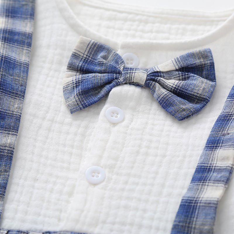 Pagliaccetto Neonato Elegante con Bretelle e Papillon Bianco e Blu Scozzese