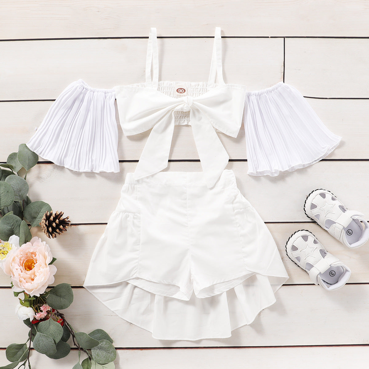 Completo Estivo Bambina Top con Maniche a Palloncino e Gonna Pantalone Asimmetrica