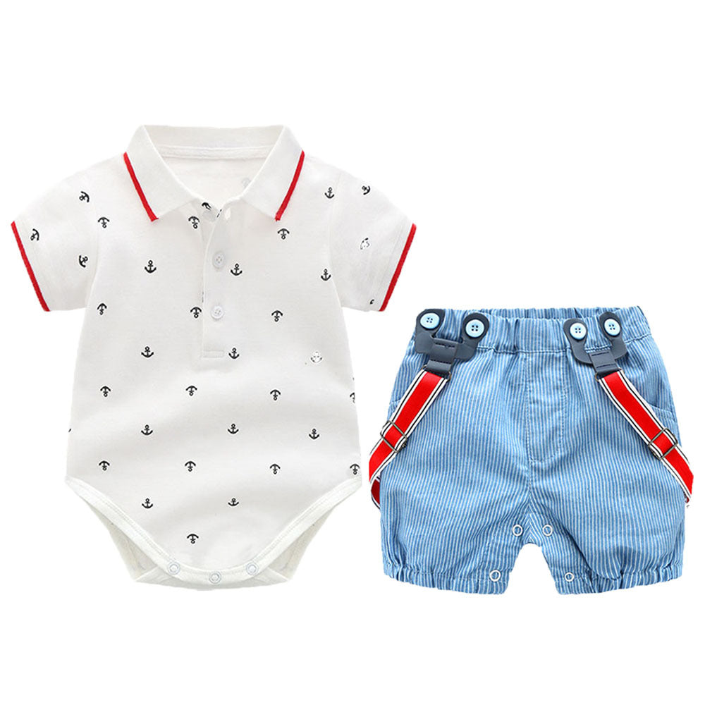 Completo elegante bimbo Estivo con body a polo, papillon e pantaloncini con bretelle