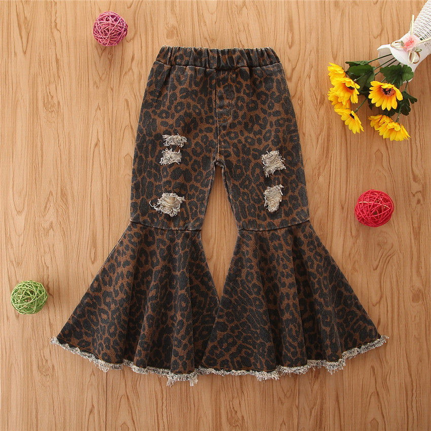 Jeans Bambina Leopardati a Zampa con Strappi e Orlo Sfrangiato