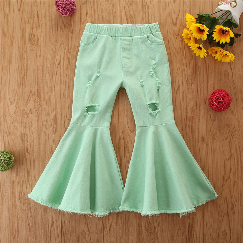 Jeans Bambina Verde Menta a Zampa con Strappi e Orlo Sfrangiato