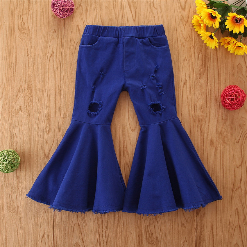 Jeans Bambina Blu a Zampa con Strappi e Orlo Sfrangiato