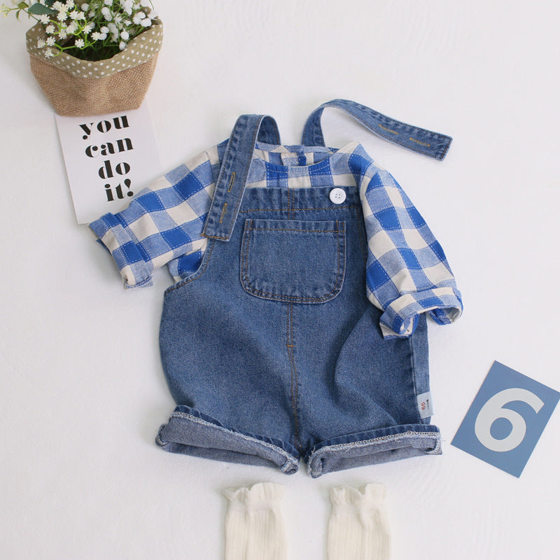 Completo Estivo Bimbo con Salopette in Jeans e Camicia a Quadri