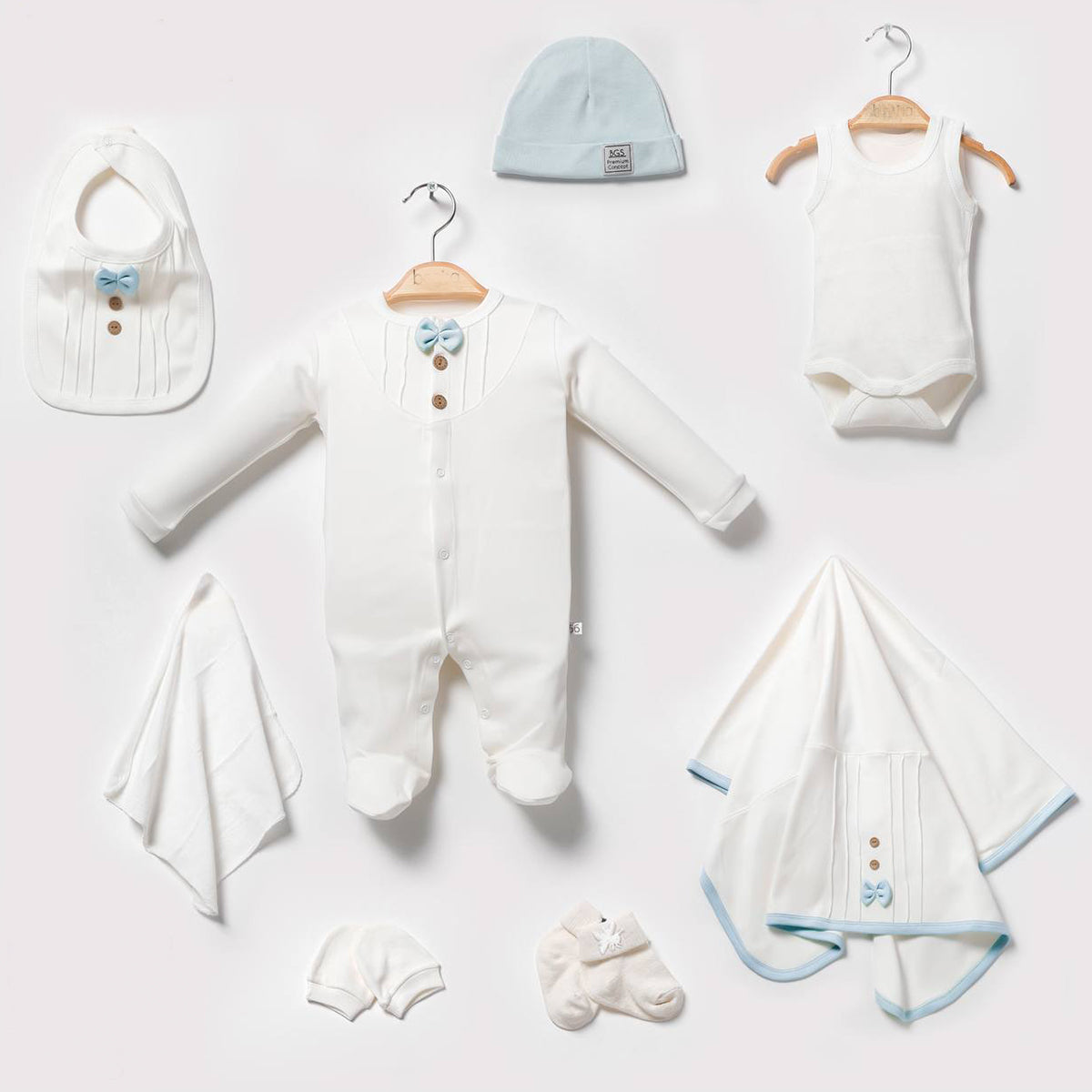 Set nascita neonato/bimbo 8 pezzi Bianco e azzurro