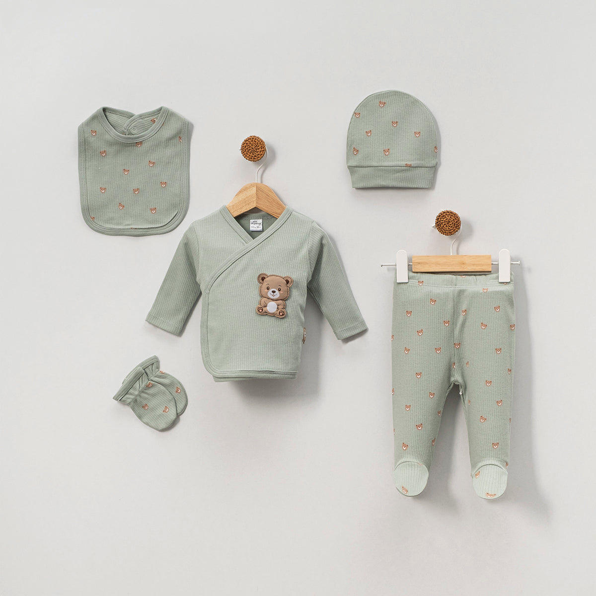 Set 5pz Nascita Neonato/ Bimbo in Cotone a Coste – Orsetto