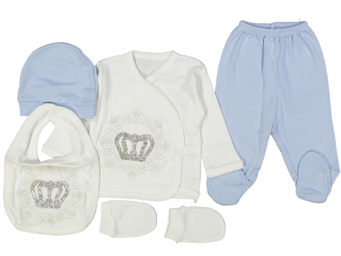 Set Neonato/ Bimbo 5 Pezzi Eleganza con Corona Brillanti Azzurro