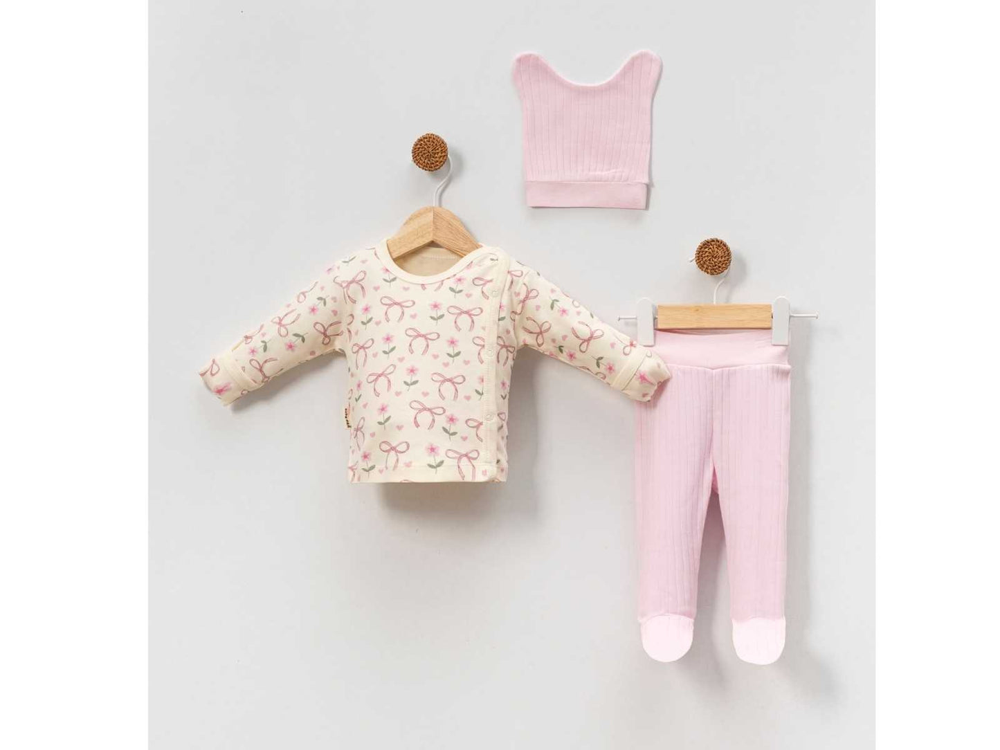 Set Nascita 3 Pezzi in Cotone Fiocchi e Fiori rosa