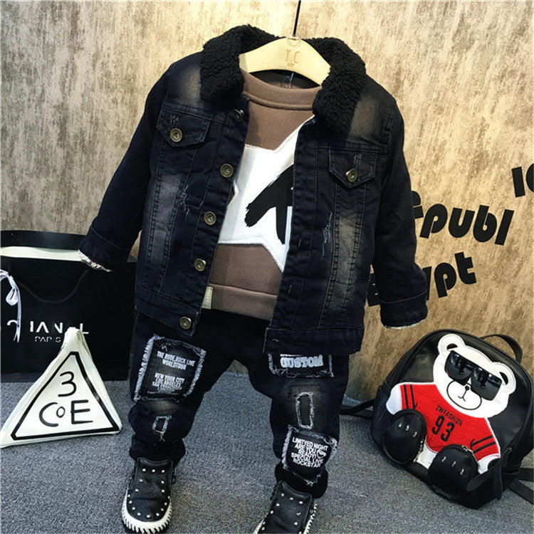 Completo Invernale Bambino Giacca Jeans con Pelliccia, Felpa e Jeans Strappati