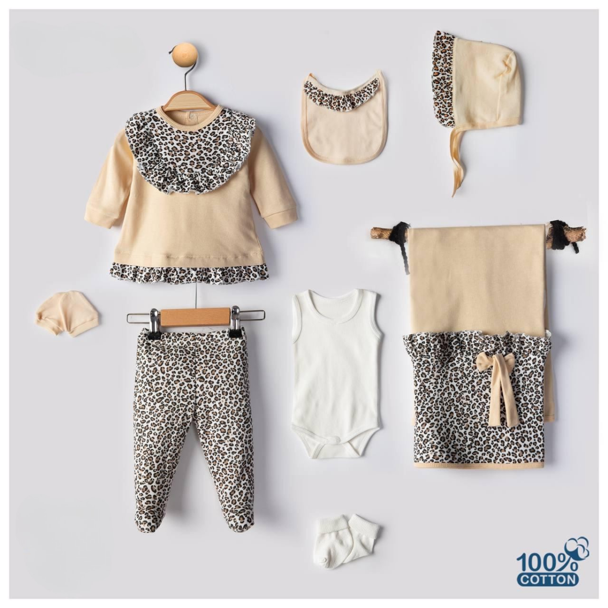 Set 7pz bimba Completo con Dettagli Leopardati 100% cotone 0-3 mesi