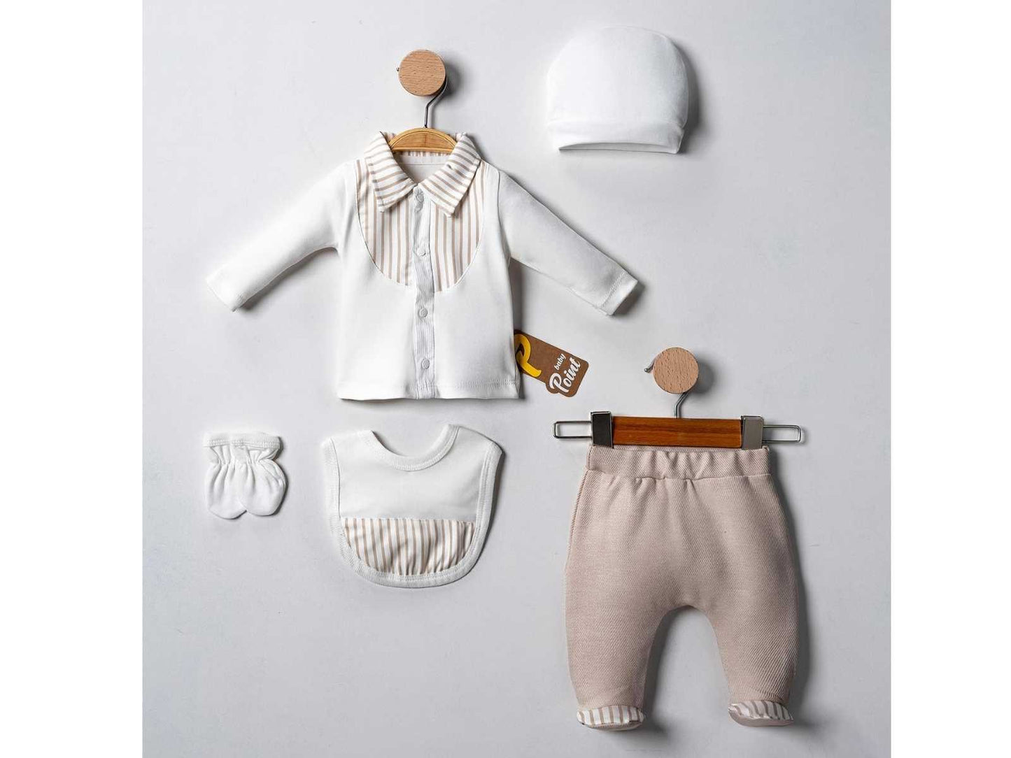 Set Neonato/Bimbo Elegante 5 Pezzi Bianco e Beige con Dettagli a Righe