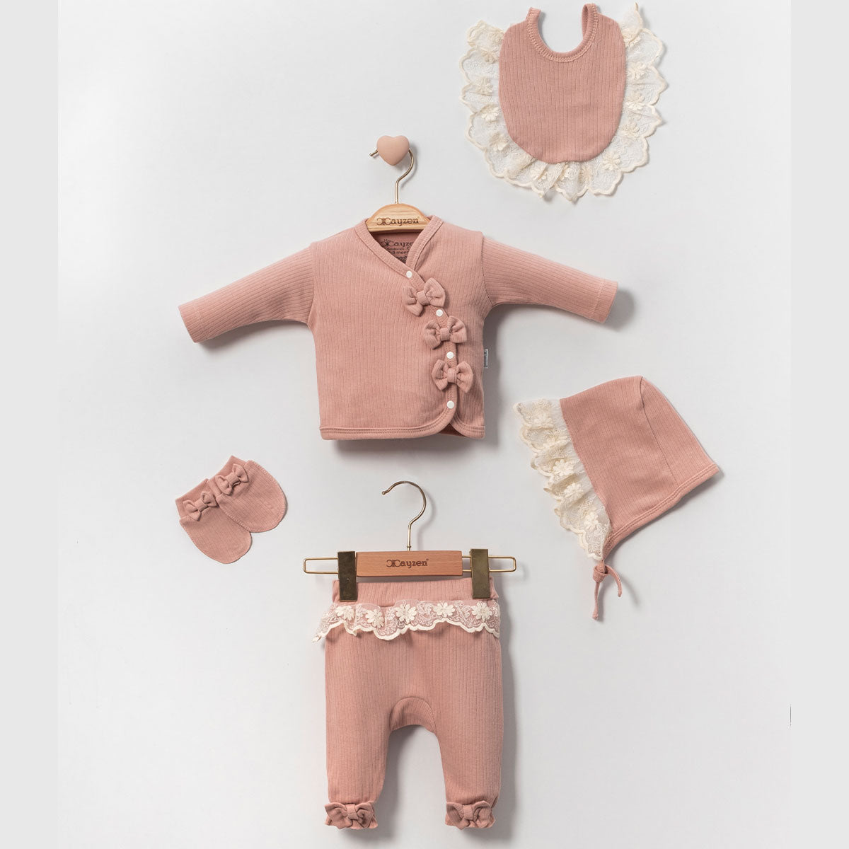 Set nascita in Cotone Neonata/ Bimba 5 pezzi Rosa antico con pizzo