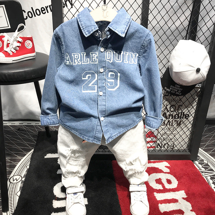 Completo Bambino Casual Sportivo Camicia in Jeans e Jeans Strappati