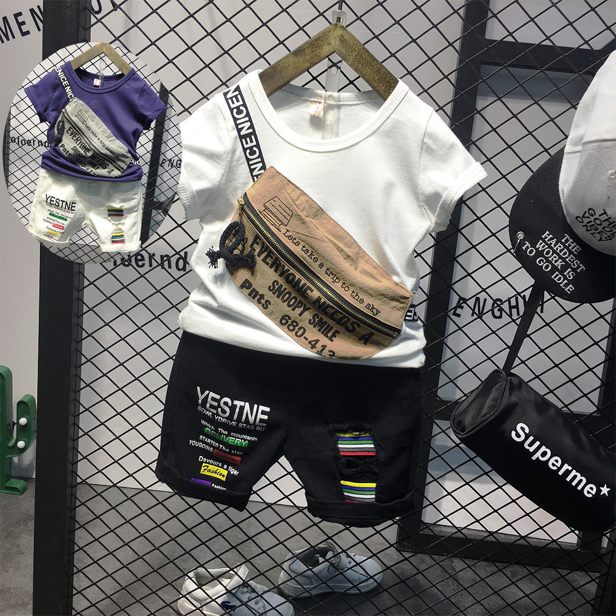 Completo Bambino Streetwear T-shirt con Zip Grafica e Shorts Decorati