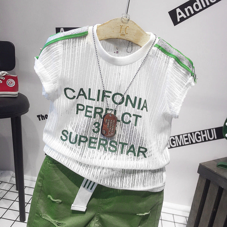 Completo Estivo Bambino - T-shirt Rete “California Superstar” e Shorts Strappati