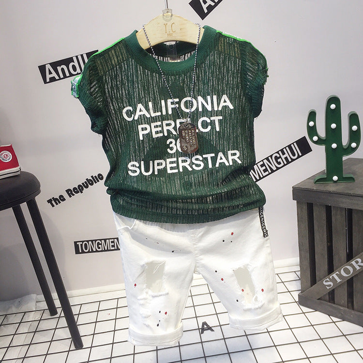Completo Estivo Bambino - T-shirt Rete “California Superstar” e Shorts Strappati