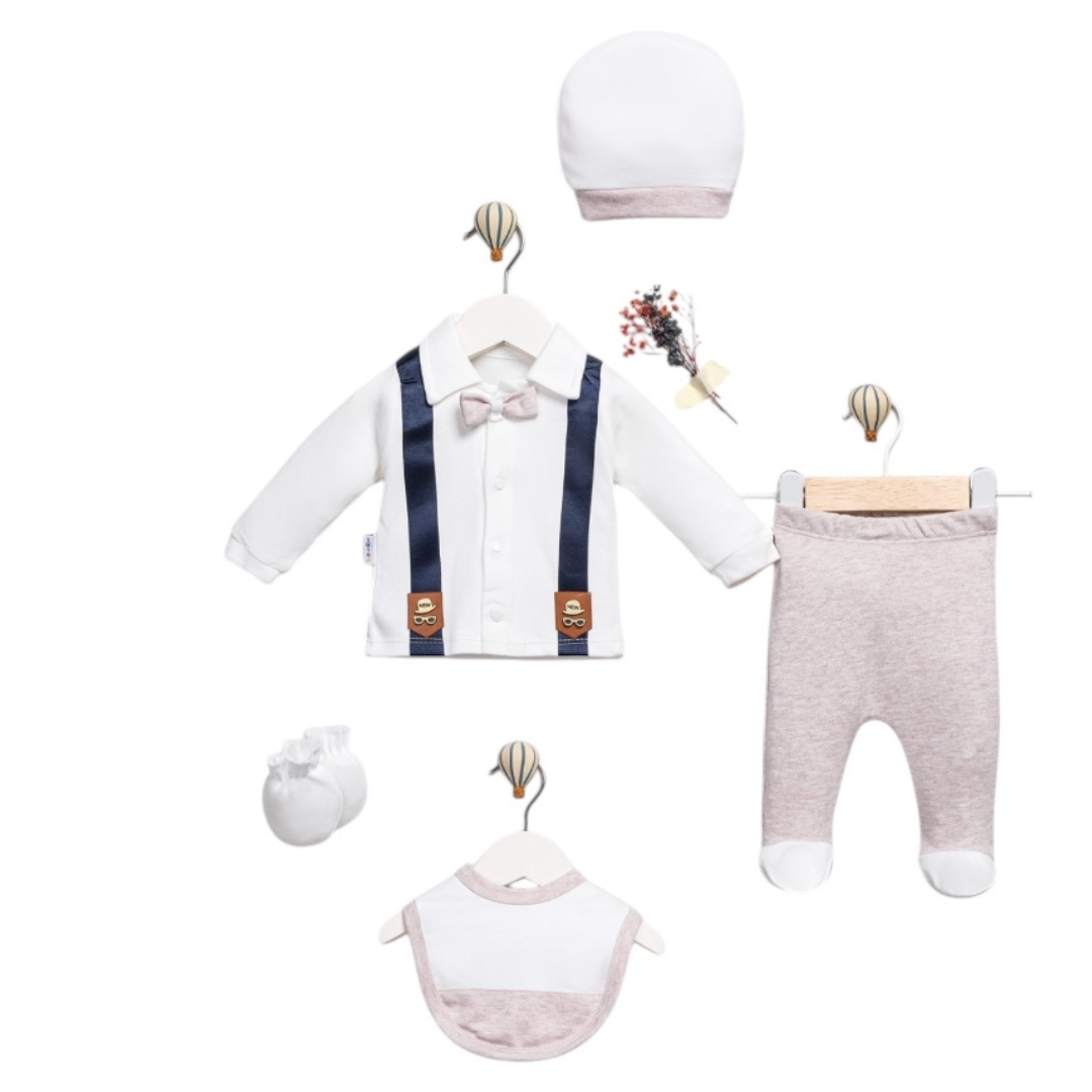 Set Neonato/ Bimbo 5pz Elegante per Neonato- Stile Smoking con Bretelle Cotone