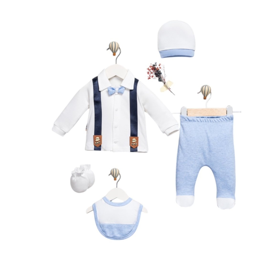 Set Neonato/ Bimbo 5pz Elegante per Neonato- Stile Smoking con Bretelle Cotone