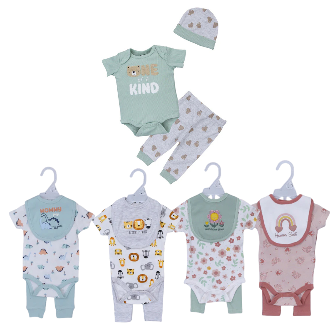 Set Nascita Neutro Bimbo/BImba 3 Pezzi - Body, Bavaglino e Pantaloni "Keepin' It Wild"