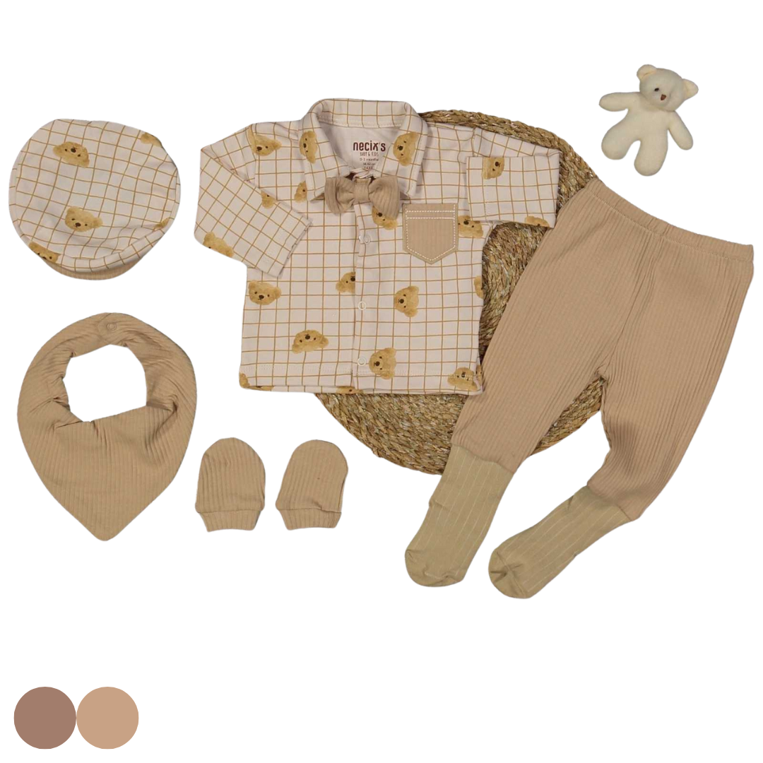 Set Neonato/ Bimbo in cotone 6 Pezzi Elegante con Motivo Orsetto
