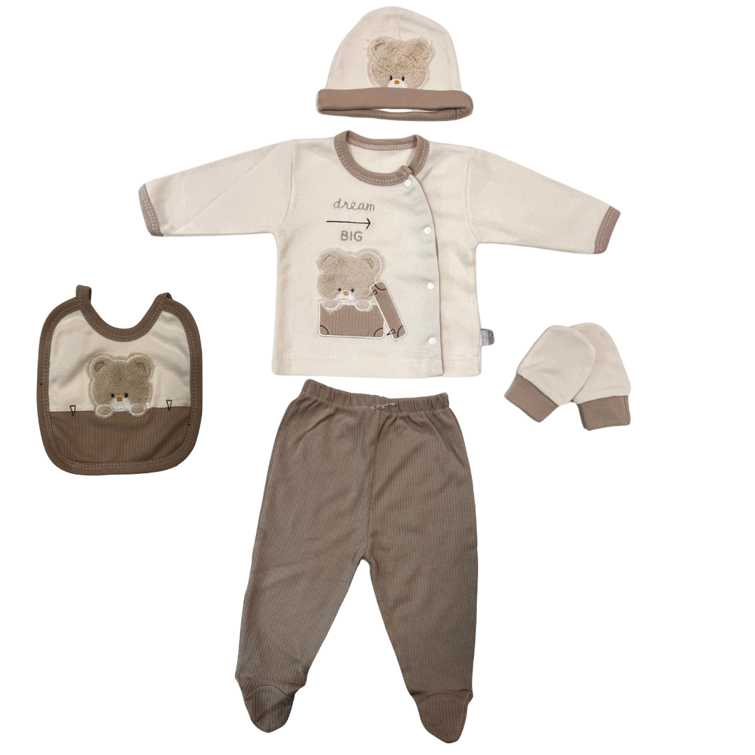 Set Neonato/ Bimbo 5 Pezzi "Dream Big" in Cotone Beige e Marrone