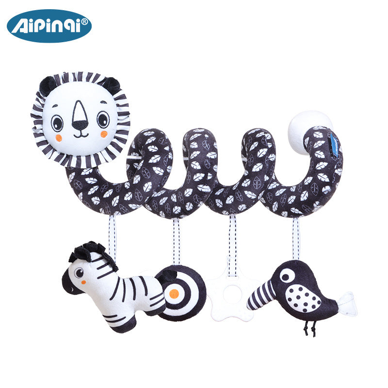 Spirale per Passeggino e Culla – Giochi Sensoriali in Stoffa Bianco e Nero con Sonagli e Peluche