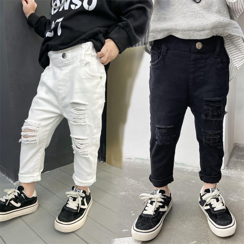 Jeans Strappati Bambino Stile Urban in Bianco e Nero