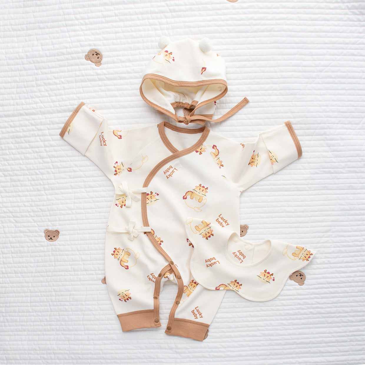 Coordinato Set Neutro Neonato/a Bimbo/ Bimba 3 pezzi – Lucky Baby con gattini
