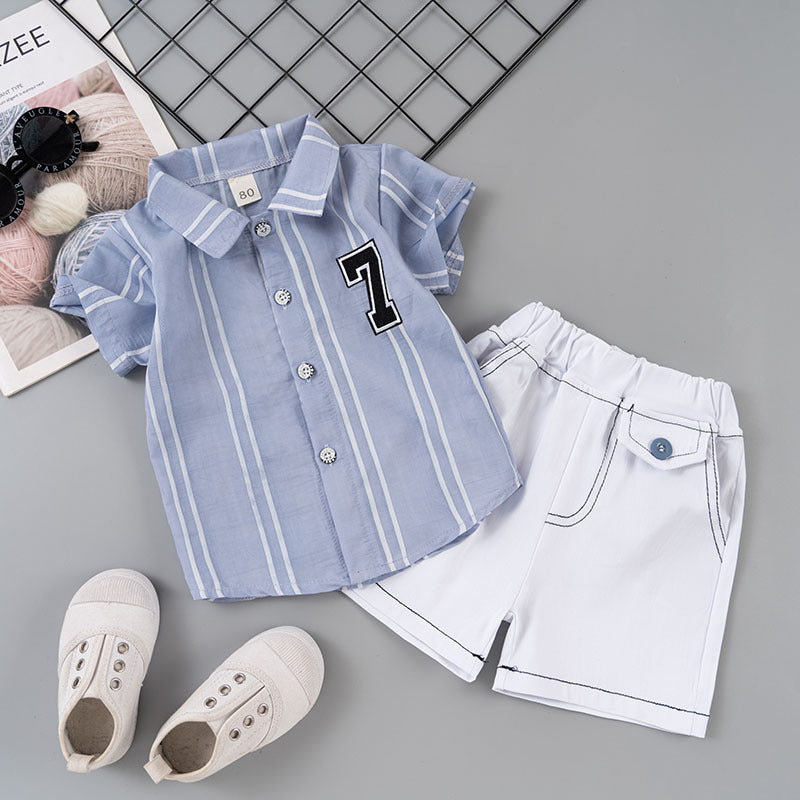 Completo Bambino Casual Estivo Camicia a Righe e Shorts Chiari