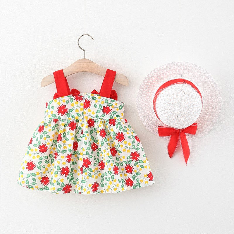 Abitino Estivo Bimba con Cappello Rosso con fiori e fiocchi