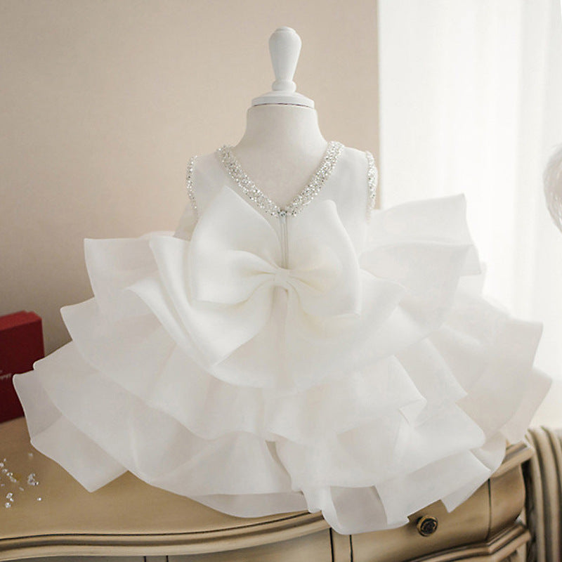 Abito Cerimonia Neonato Bianco con Rose in Organza e Strass