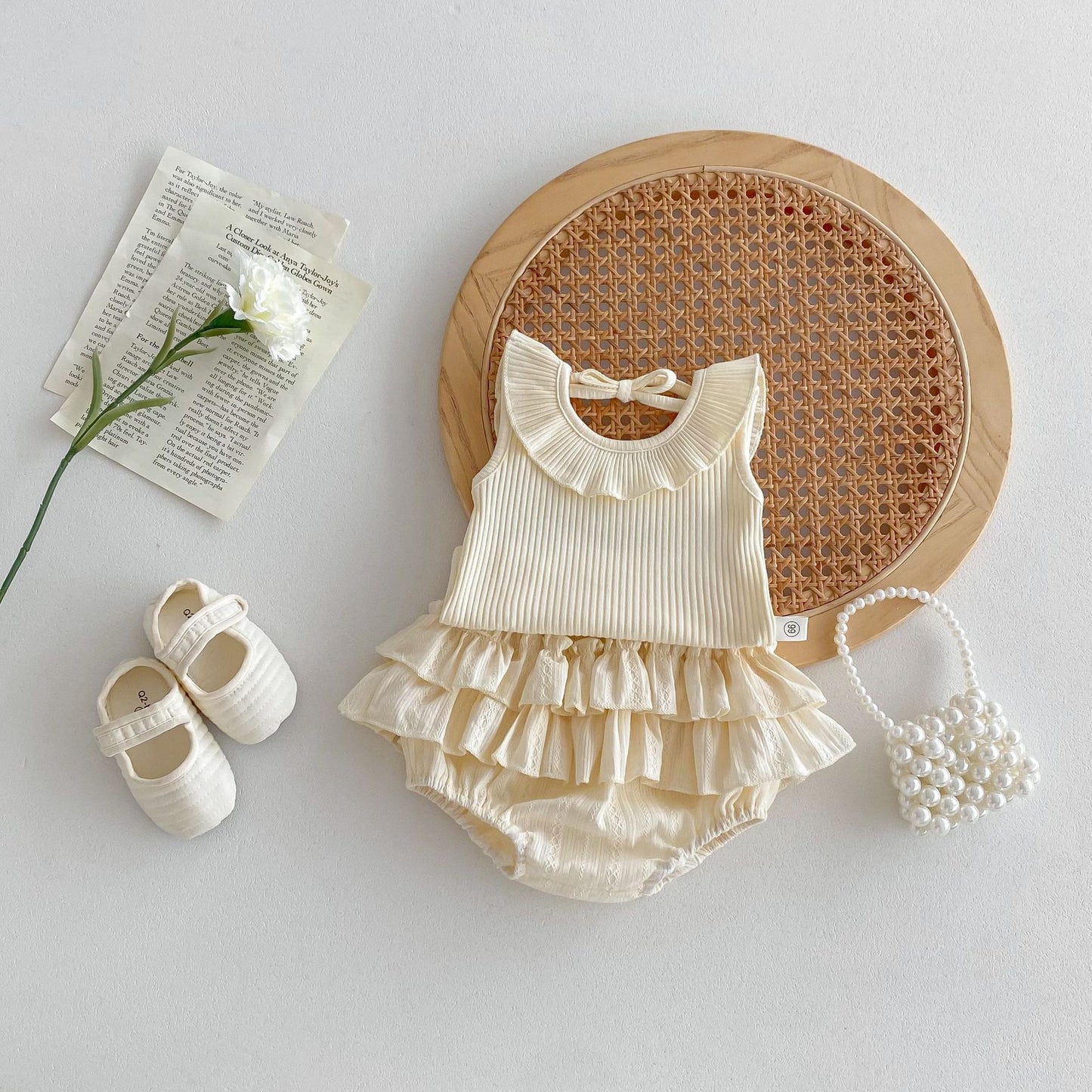 Completo 2pz Neonata blusa e Gonna a Balze e Colletto Arricciato Eleganza Panna