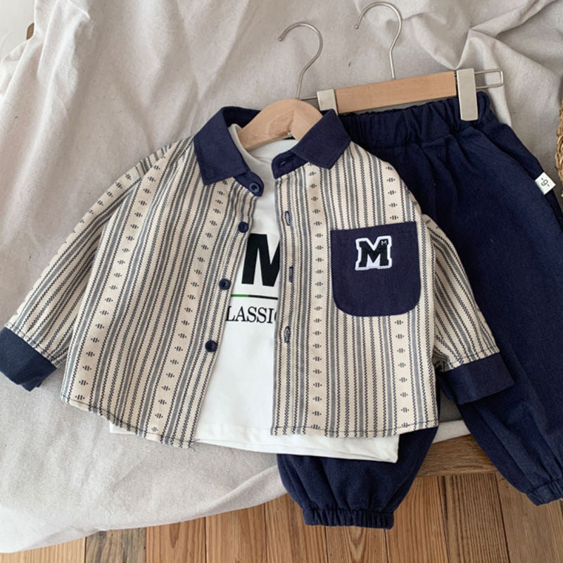 Completo bambino 3 pezzi Camicia a righe + T-shirt + Pantaloni jogger