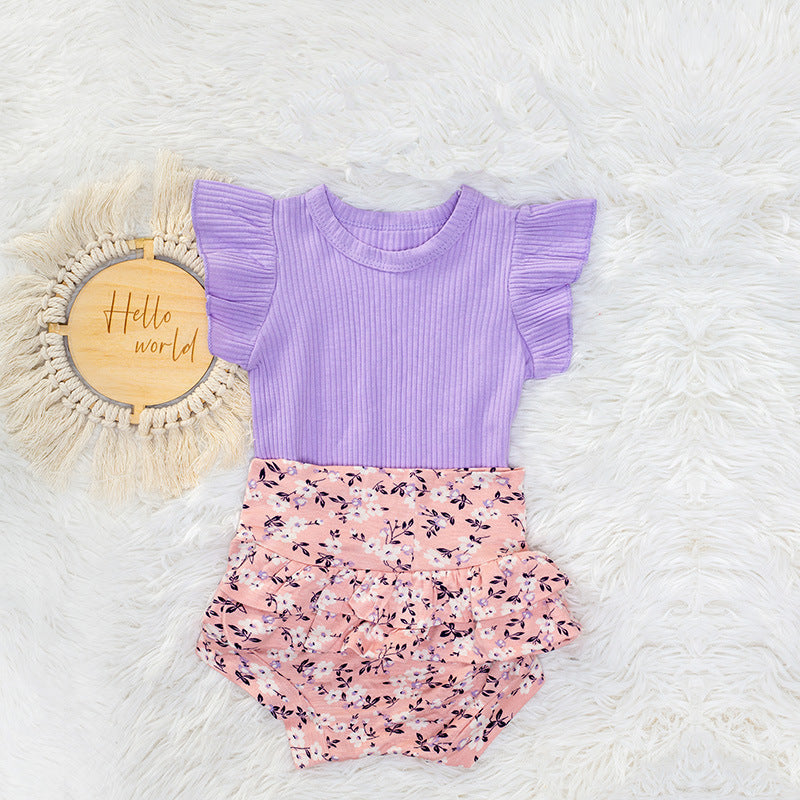 Completo 3 Pezzi Bimba Body Lilla + Culotte Floreale + Fascia Fiocco