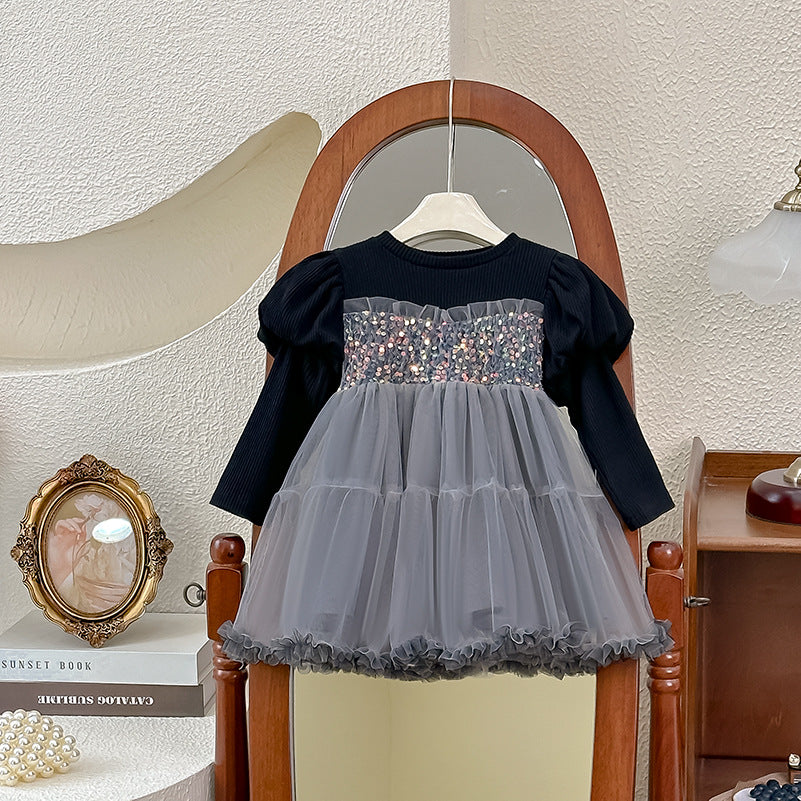 Abito Elegante Bimba con Tulle e Paillettes Maniche a Sbuffo