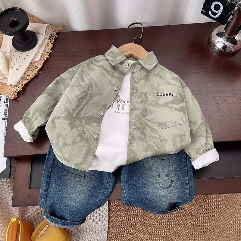 Completo Casual Bimbo Camicia Verde, T-shirt Giraffa e Jeans Smile