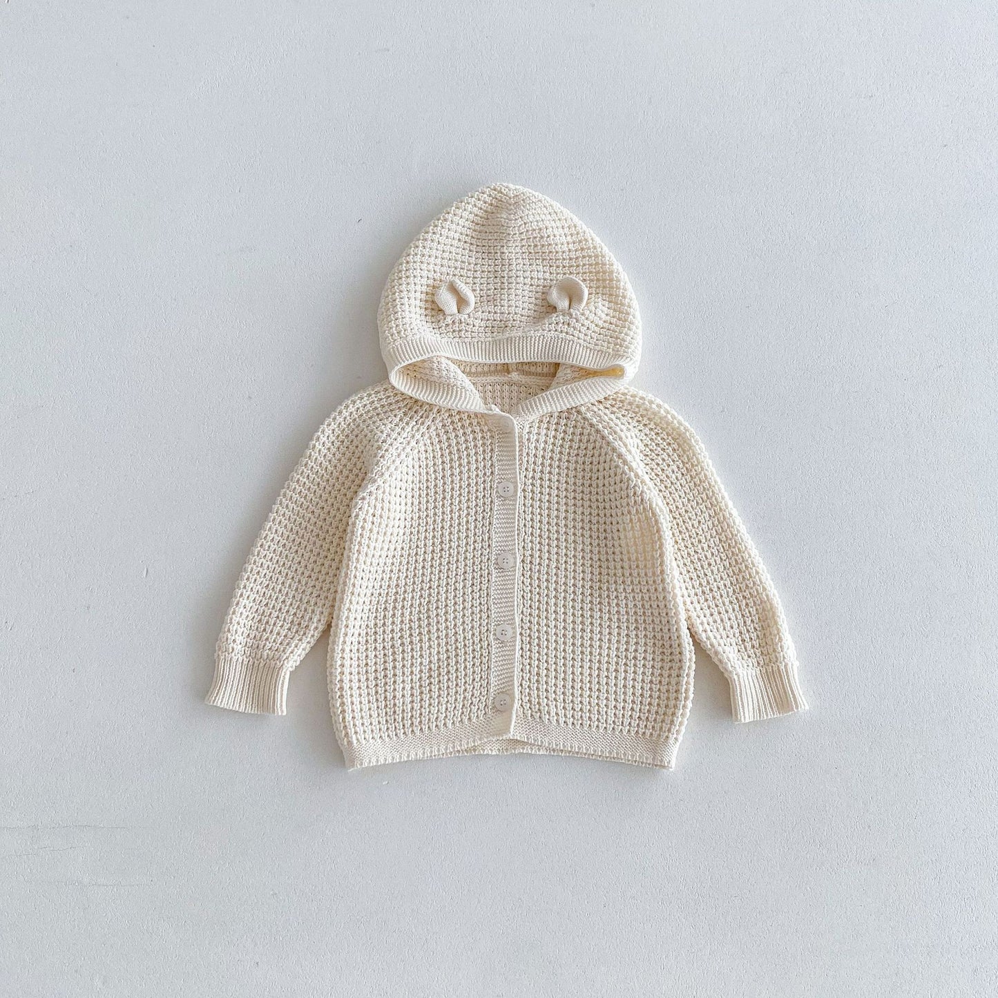Cardigan Neutro Bimba/ Bimbo con Cappuccio e Orecchie – Maglia Morbida in Cotone