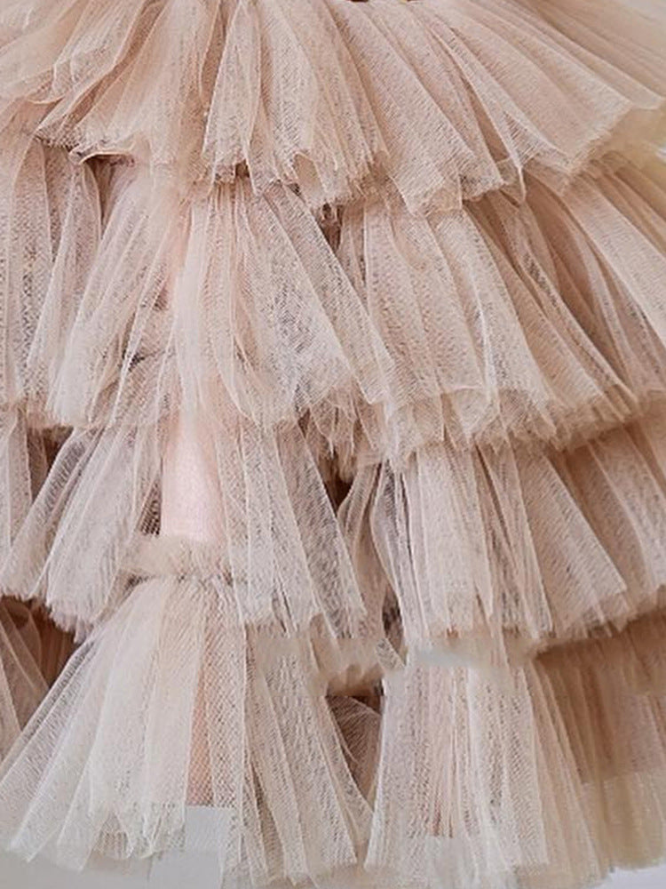 Abito da Cerimonia Bambina in Tulle Multistrato con Paillettes, Perline e Maxi Fiocco
