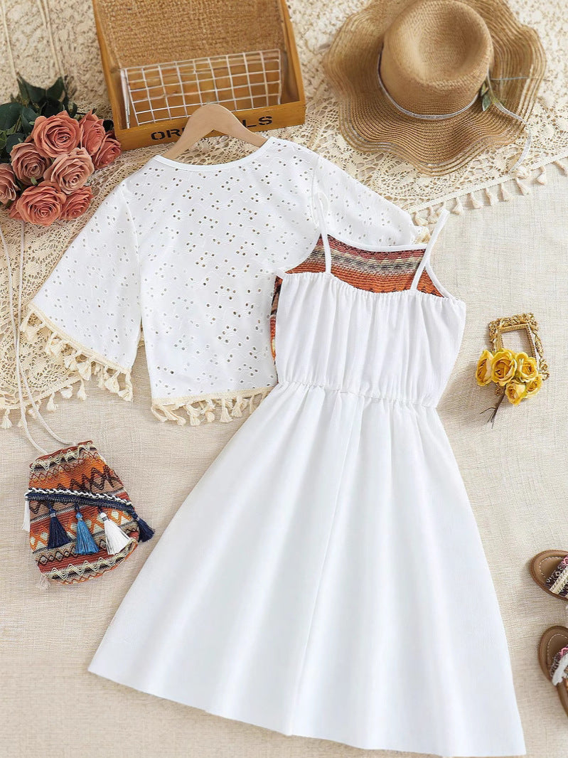 Set Boho Chic Bambina Abito Lungo con Cardigan e Borsa Coordinata