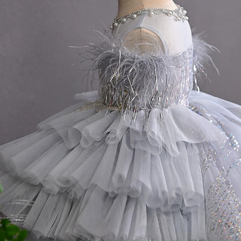 Abito da Cerimonia Bambina Argento – Con Paillettes e Piume