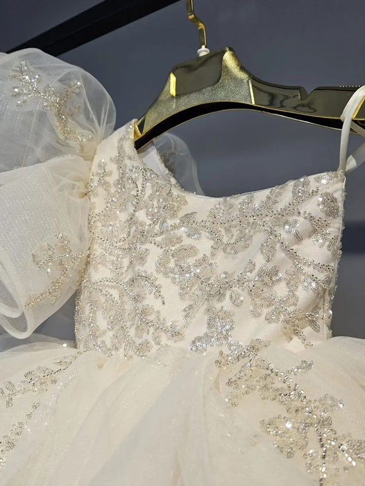 Abito da Cerimonia Bambina Avorio Monospalla con Ricami e Gonna in Tulle