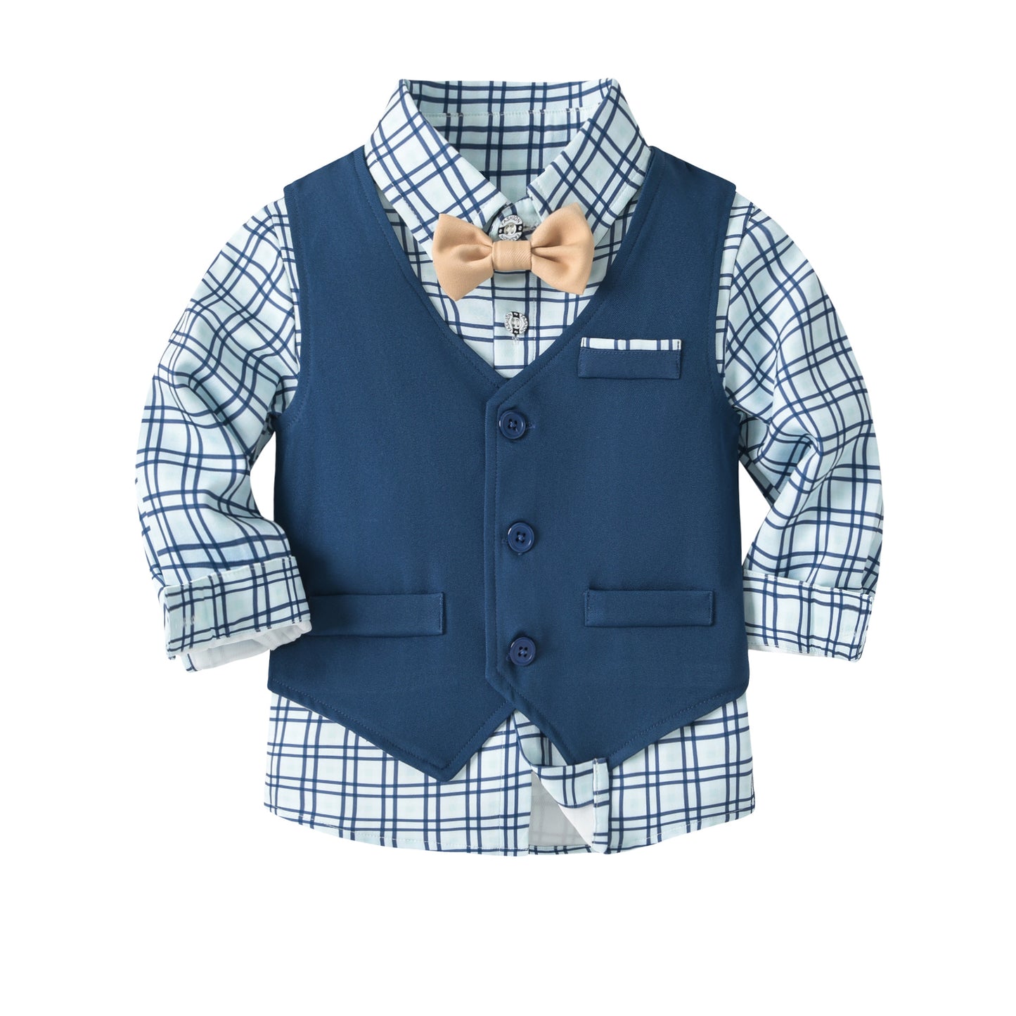 Completo Elegante Bambino 4 Pezzi Camicia a Quadri, Gilet Blu, Pantaloni e Bretelle