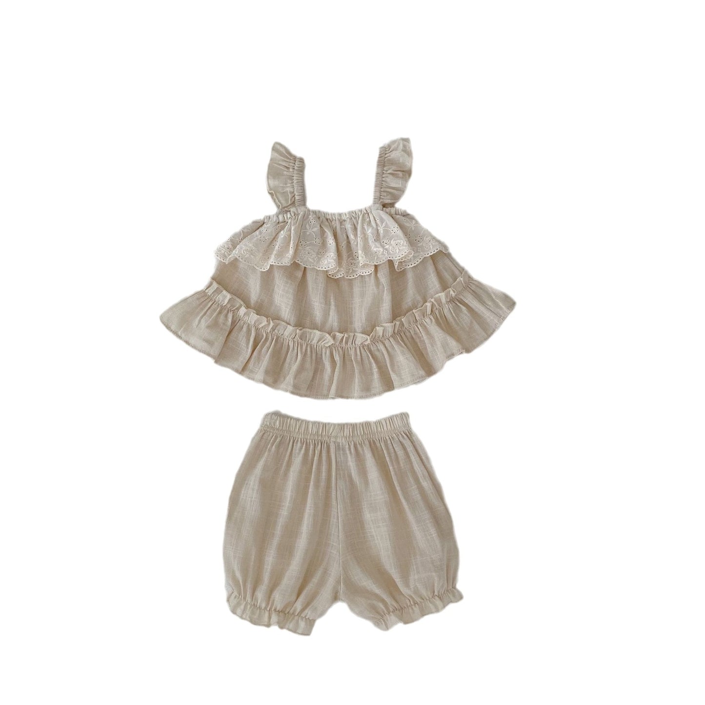 Completo in lino Estivo 2 Pezzi Neonata – Top con Balze e Pizzo + Shorts Coordinati